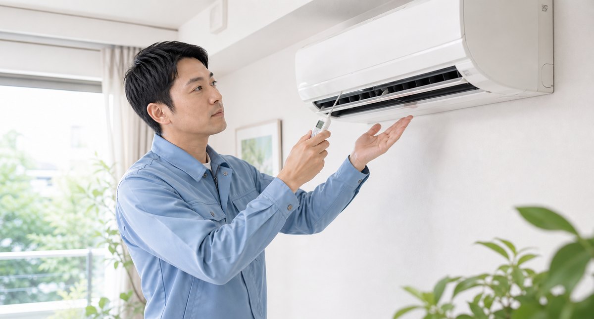 冷えないエアコンの吹き出し口を点検する修理スタッフ