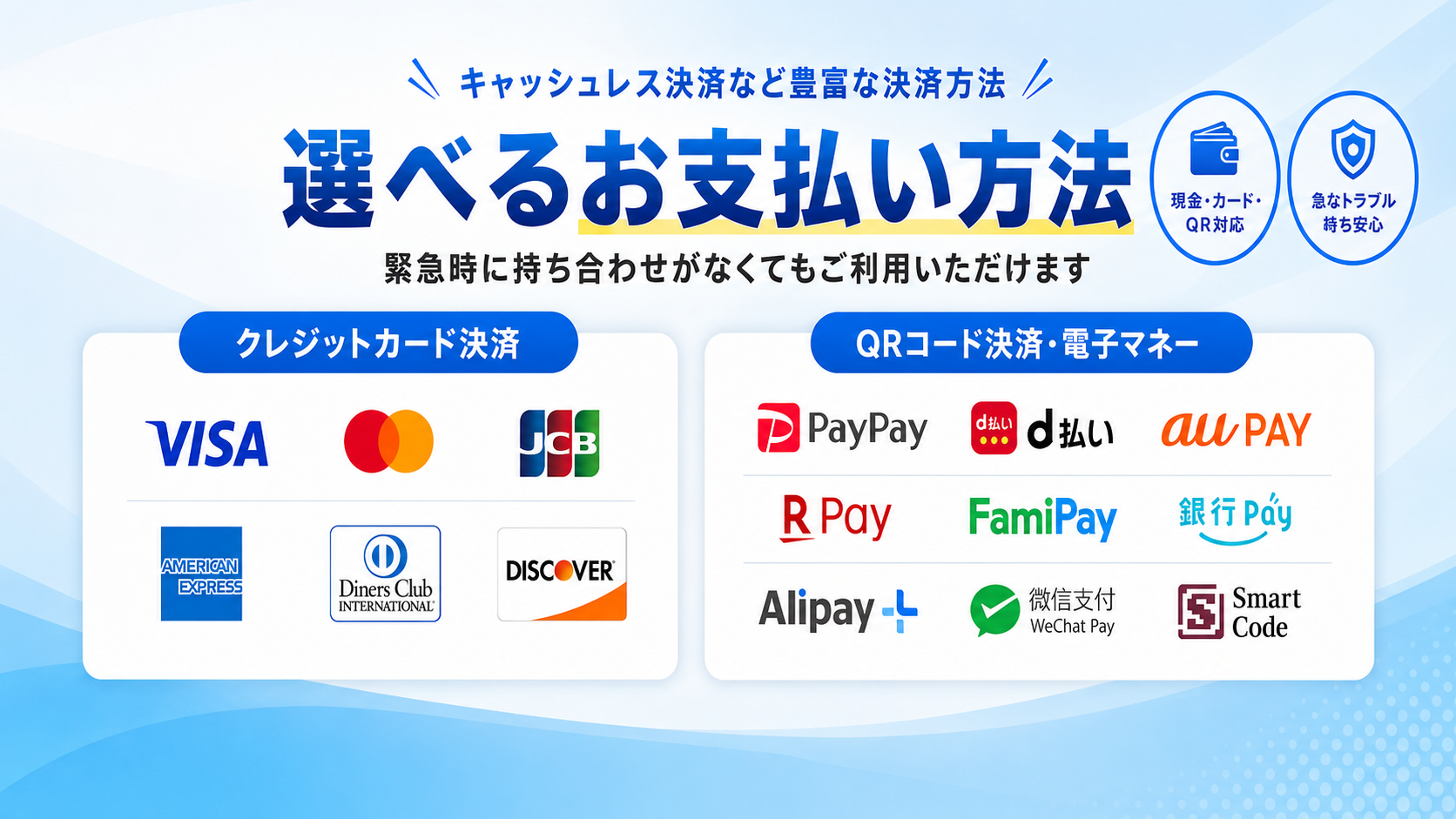 キャッシュレス決済など豊富な決済方法。クレジットカード決済、QRコード決済、電子マネーに対応